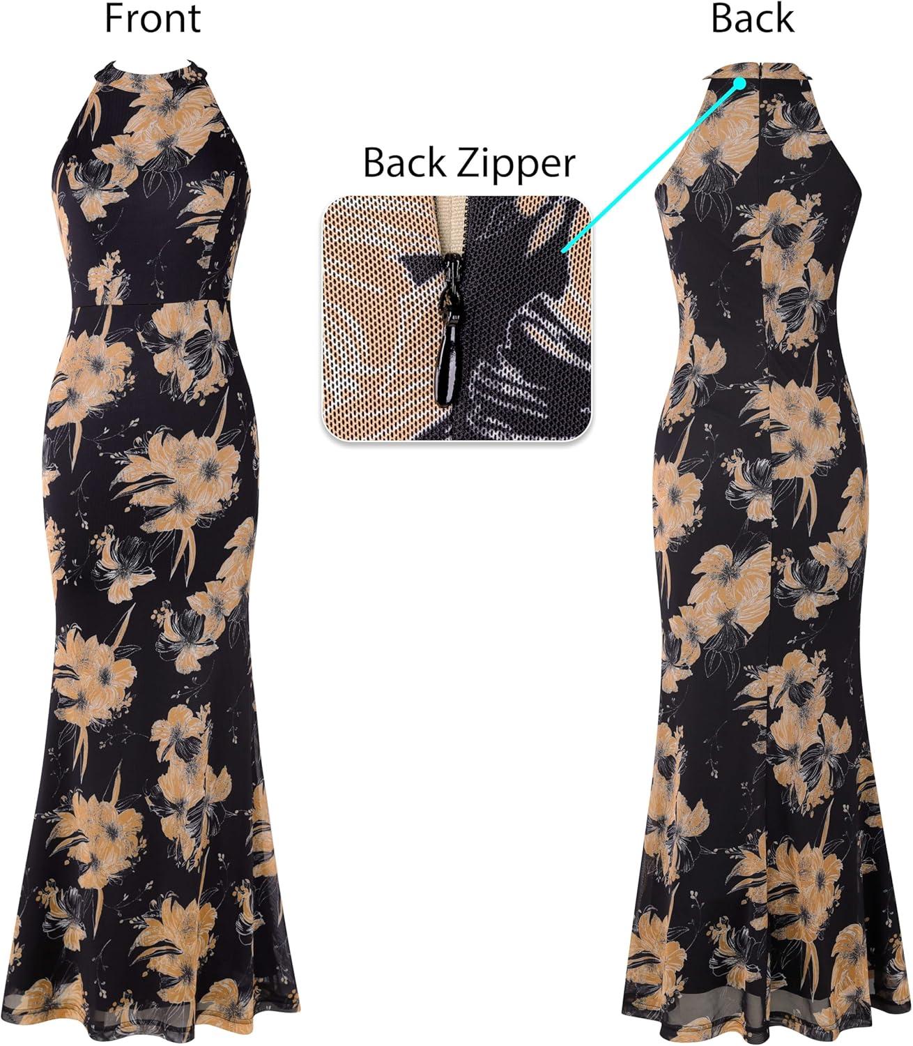 imageVFSHOW Womens 2025 Halter Neck Formal Bodycon Maxi Dress Sleeveless Slim Fitted Wedding Guest Long Cocktail Mermaid DressesBlack With Orange Floral Print