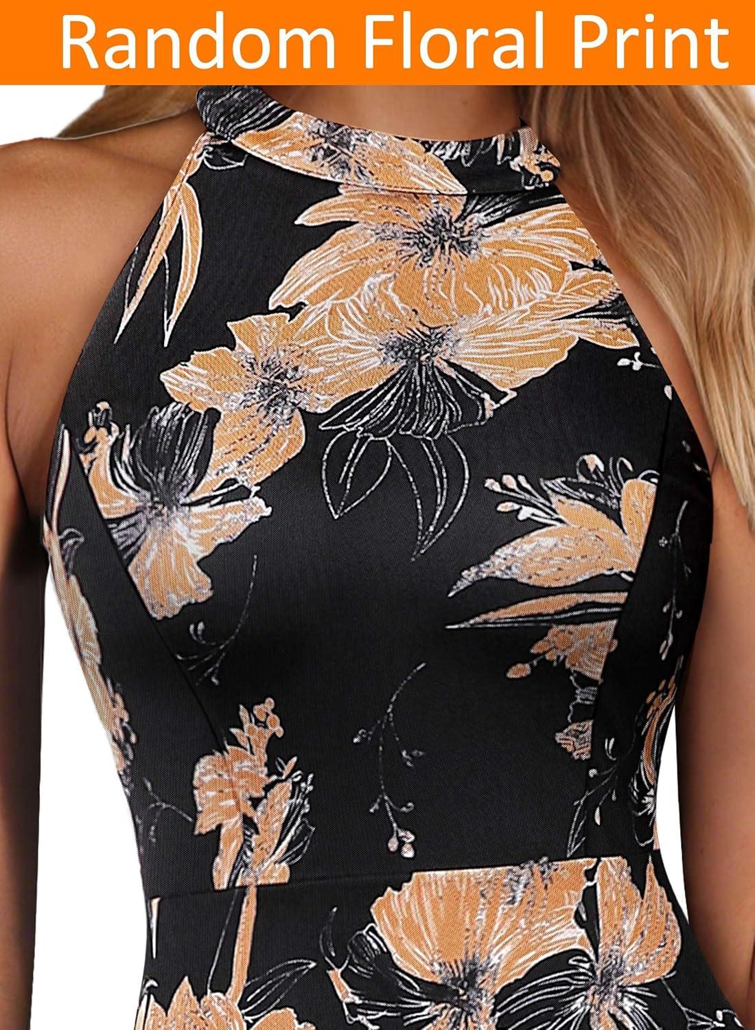 imageVFSHOW Womens 2025 Halter Neck Formal Bodycon Maxi Dress Sleeveless Slim Fitted Wedding Guest Long Cocktail Mermaid DressesBlack With Orange Floral Print