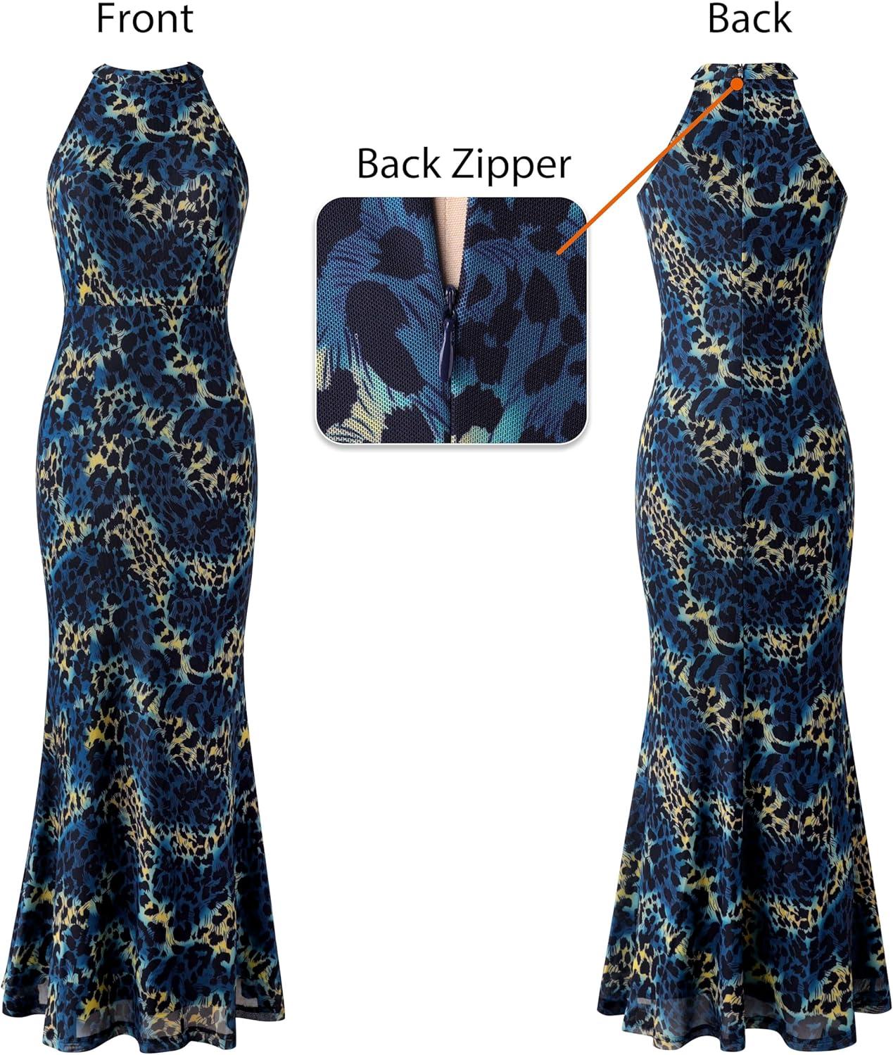 imageVFSHOW Womens 2025 Halter Neck Formal Bodycon Maxi Dress Sleeveless Slim Fitted Wedding Guest Long Cocktail Mermaid DressesBlue and Black Leopard Print