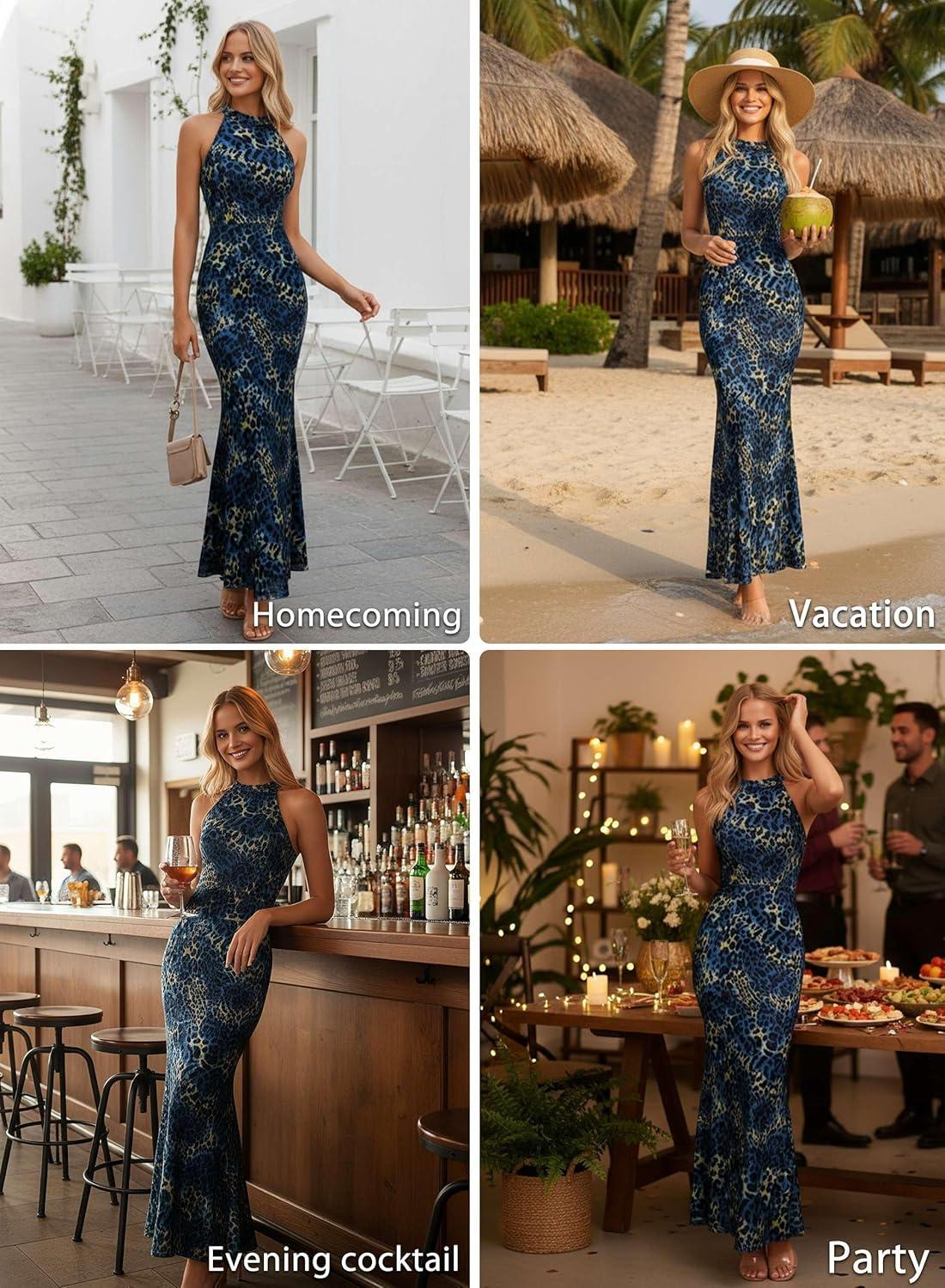 imageVFSHOW Womens 2025 Halter Neck Formal Bodycon Maxi Dress Sleeveless Slim Fitted Wedding Guest Long Cocktail Mermaid DressesBlue and Black Leopard Print