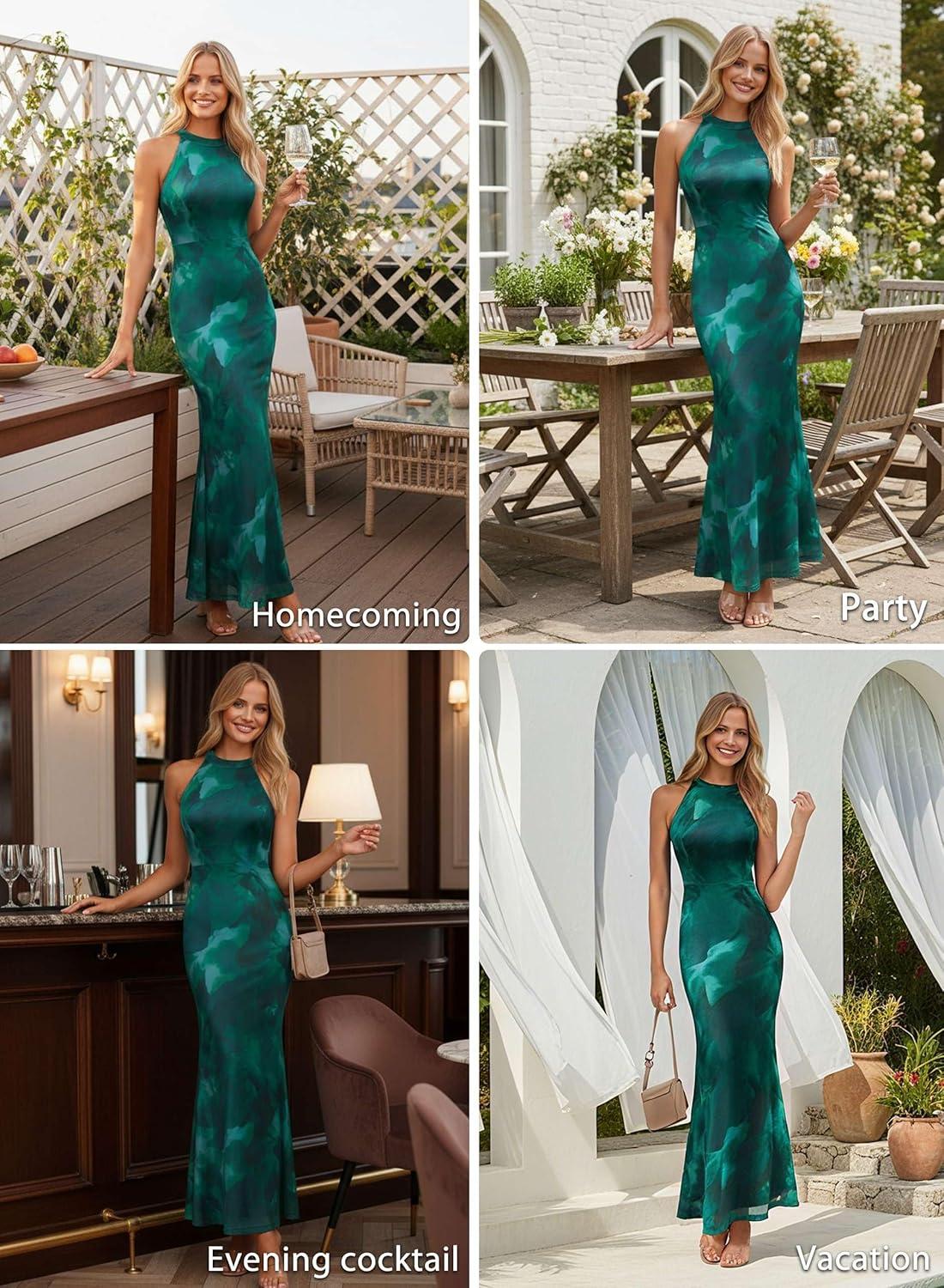 imageVFSHOW Womens 2025 Halter Neck Formal Bodycon Maxi Dress Sleeveless Slim Fitted Wedding Guest Long Cocktail Mermaid DressesGreen Floral Print