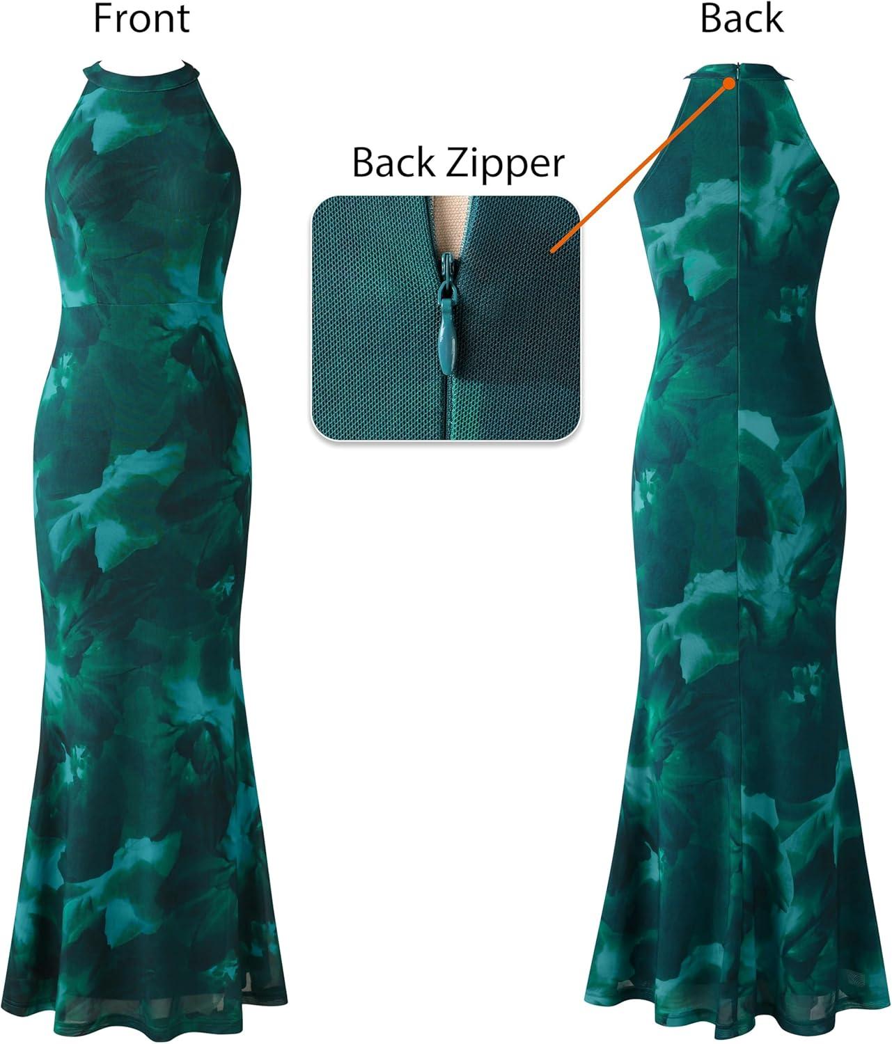 imageVFSHOW Womens 2025 Halter Neck Formal Bodycon Maxi Dress Sleeveless Slim Fitted Wedding Guest Long Cocktail Mermaid DressesGreen Floral Print