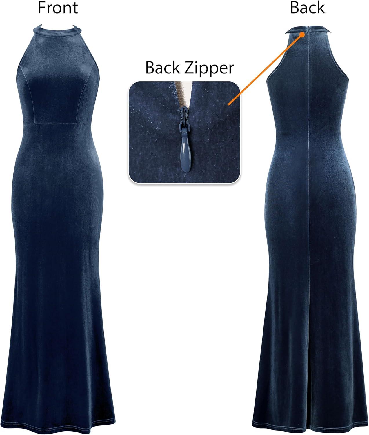 imageVFSHOW Womens 2025 Halter Neck Formal Bodycon Maxi Dress Sleeveless Slim Fitted Wedding Guest Long Cocktail Mermaid DressesHaze Blue Velvet