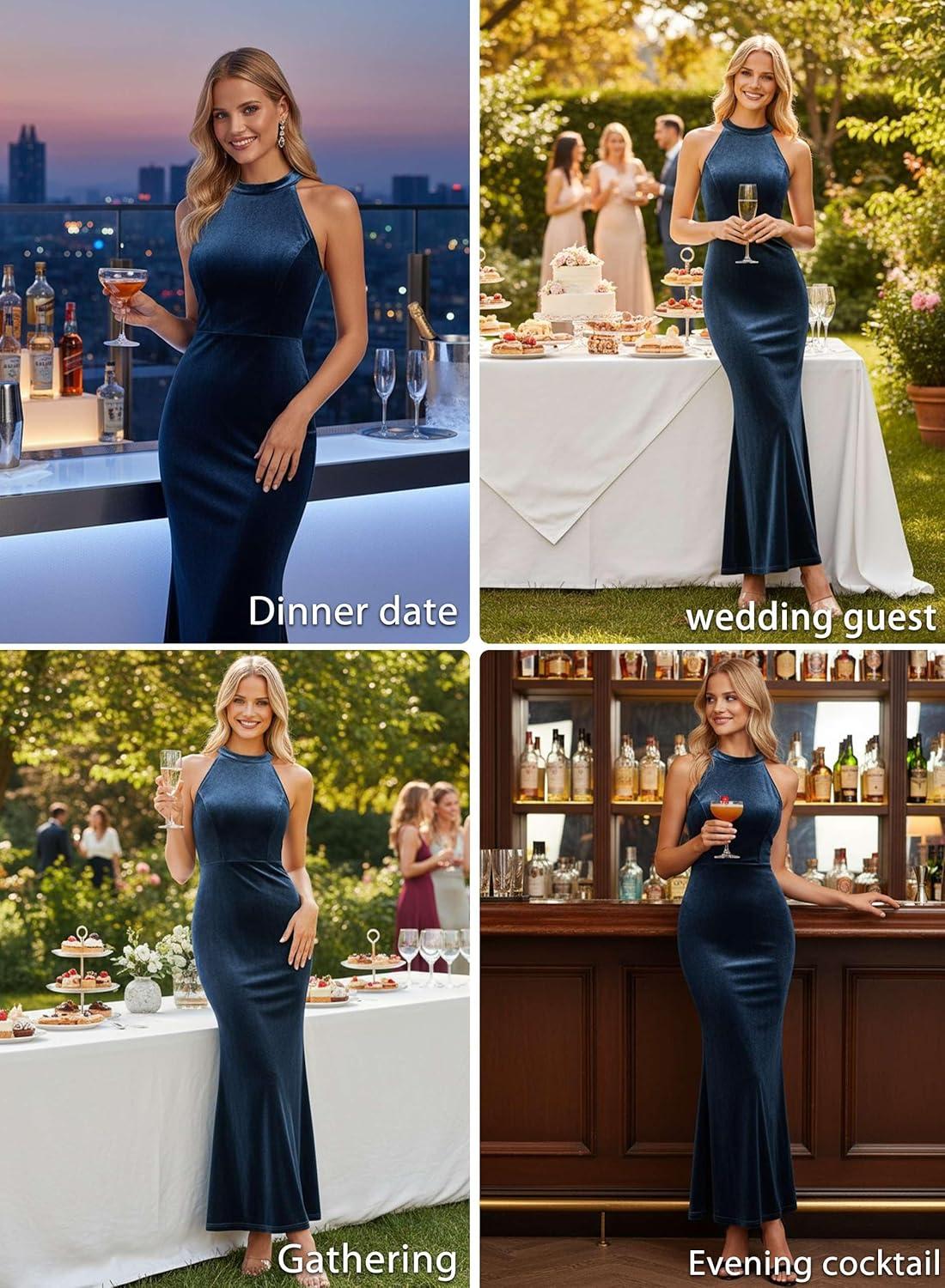 imageVFSHOW Womens 2025 Halter Neck Formal Bodycon Maxi Dress Sleeveless Slim Fitted Wedding Guest Long Cocktail Mermaid DressesHaze Blue Velvet