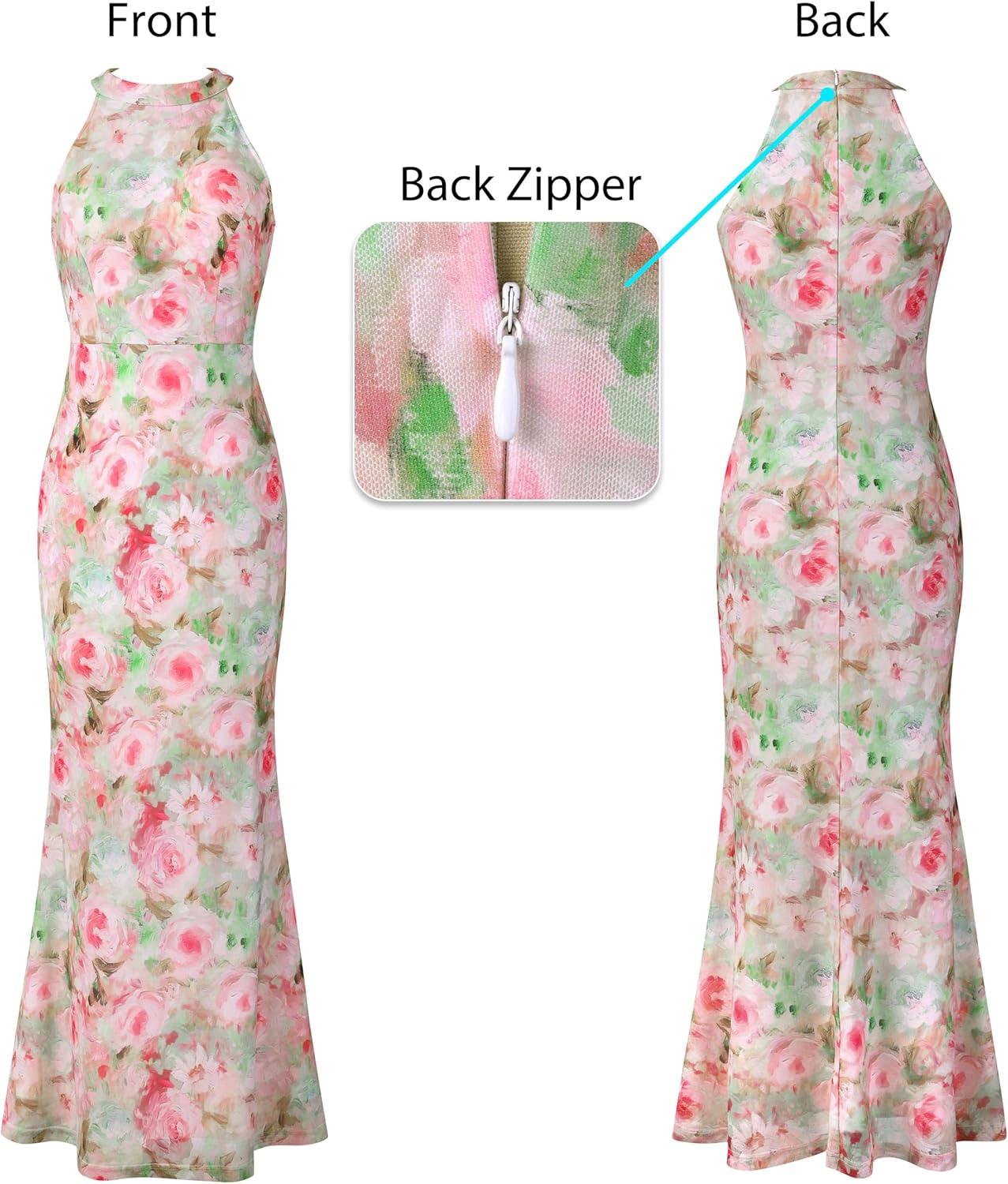 imageVFSHOW Womens 2025 Halter Neck Formal Bodycon Maxi Dress Sleeveless Slim Fitted Wedding Guest Long Cocktail Mermaid DressesPink Floral Print