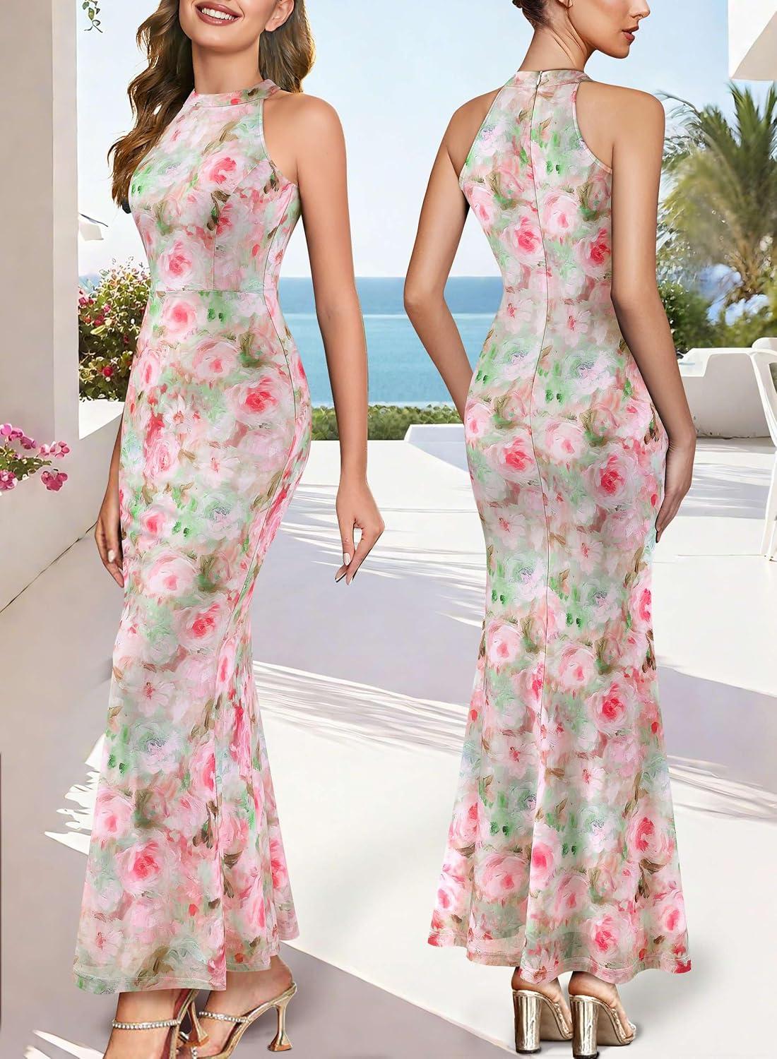 imageVFSHOW Womens 2025 Halter Neck Formal Bodycon Maxi Dress Sleeveless Slim Fitted Wedding Guest Long Cocktail Mermaid DressesPink Floral Print