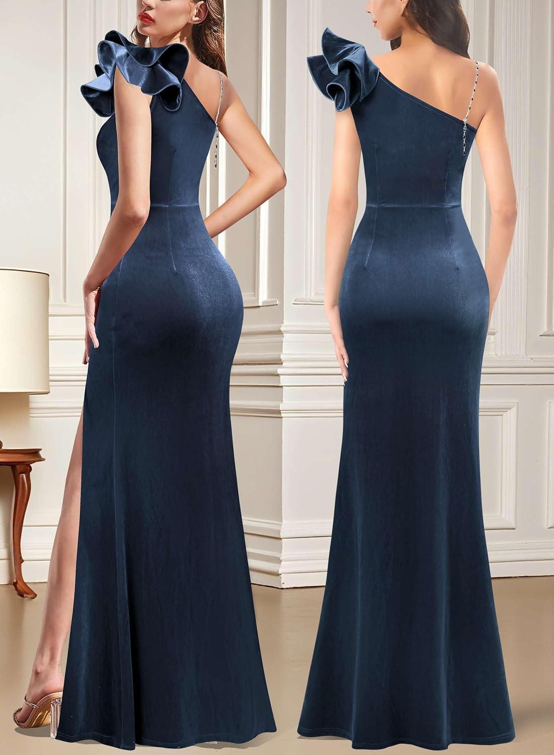 imageVFSHOW Womens Ruffle One Shoulder Strap Ruched Formal Prom Wedding Maxi Dress V Neck Elegant Split Cocktail Evening Long GownHaze Blue Velvet