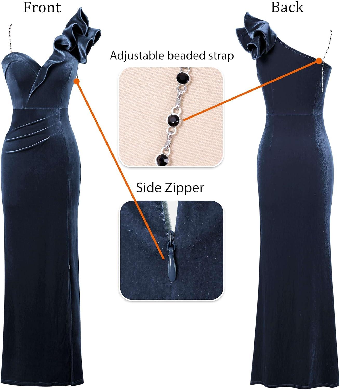 imageVFSHOW Womens Ruffle One Shoulder Strap Ruched Formal Prom Wedding Maxi Dress V Neck Elegant Split Cocktail Evening Long GownHaze Blue Velvet