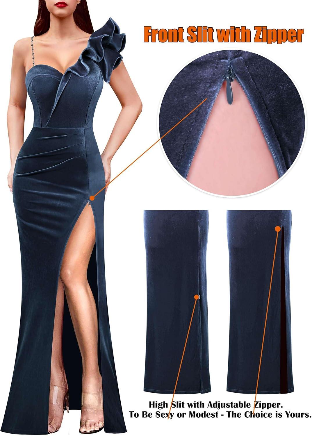 imageVFSHOW Womens Ruffle One Shoulder Strap Ruched Formal Prom Wedding Maxi Dress V Neck Elegant Split Cocktail Evening Long GownHaze Blue Velvet