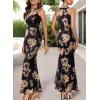 imageVFSHOW Womens 2025 Halter Neck Formal Bodycon Maxi Dress Sleeveless Slim Fitted Wedding Guest Long Cocktail Mermaid DressesBlack With Orange Floral Print