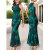 imageVFSHOW Womens 2025 Halter Neck Formal Bodycon Maxi Dress Sleeveless Slim Fitted Wedding Guest Long Cocktail Mermaid DressesGreen Floral Print