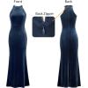 imageVFSHOW Womens 2025 Halter Neck Formal Bodycon Maxi Dress Sleeveless Slim Fitted Wedding Guest Long Cocktail Mermaid DressesHaze Blue Velvet