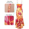 imageVFSHOW Womens Formal Double Layer Ruffle High Low Maxi Dress 2025 Sexy Backless V Neck Spaghetti Strap Wedding Guest DressesOrange With Fuchsia Floral Print