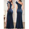 imageVFSHOW Womens Ruffle One Shoulder Strap Ruched Formal Prom Wedding Maxi Dress V Neck Elegant Split Cocktail Evening Long GownHaze Blue Velvet