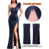 imageVFSHOW Womens Ruffle One Shoulder Strap Ruched Formal Prom Wedding Maxi Dress V Neck Elegant Split Cocktail Evening Long GownHaze Blue Velvet