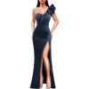 imageVFSHOW Womens Ruffle One Shoulder Strap Ruched Formal Prom Wedding Maxi Dress V Neck Elegant Split Cocktail Evening Long GownHaze Blue Velvet