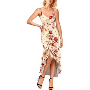 imageVFSHOW Womens Formal Double Layer Ruffle High Low Maxi Dress 2025 Sexy Backless V Neck Spaghetti Strap Wedding Guest DressesBeige With Red Floral Print