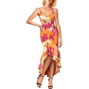 imageVFSHOW Womens Formal Double Layer Ruffle High Low Maxi Dress 2025 Sexy Backless V Neck Spaghetti Strap Wedding Guest DressesOrange With Fuchsia Floral Print