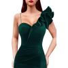 imageVFSHOW Womens Formal Prom Ruffle One Shoulder Strap Ruched Maxi Dress 2025 Sexy Twist Front Split Wedding Guest Evening GownDark Green Velvet