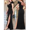 imageVFSHOW Womens Formal Prom Ruffle One Shoulder Strap Ruched Maxi Dress 2025 Sexy Twist Front Split Wedding Guest Evening GownSolid Black