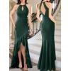imageVFSHOW Womens Sexy Halter Neck Formal Cutout Ruffle Slit Ruched Prom Maxi Dress Wedding Guest HILO Mermaid Evening GownSparkly Green