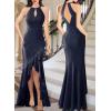 imageVFSHOW Womens Sexy Halter Neck Formal Cutout Ruffle Slit Ruched Prom Maxi Dress Wedding Guest HILO Mermaid Evening GownSparkly Navy Bluea