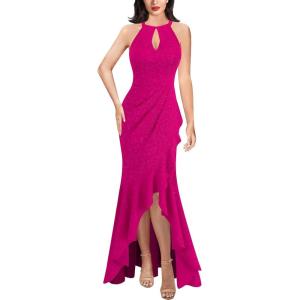 imageVFSHOW Womens Sexy Halter Neck Formal Cutout Ruffle Slit Ruched Prom Maxi Dress Wedding Guest HILO Mermaid Evening GownSparkly Hot Pinkb