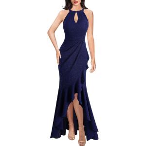 imageVFSHOW Womens Sexy Halter Neck Formal Cutout Ruffle Slit Ruched Prom Maxi Dress Wedding Guest HILO Mermaid Evening GownSparkly Navy Blueb
