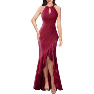 imageVFSHOW Womens Sexy Halter Neck Formal Cutout Ruffle Slit Ruched Prom Maxi Dress Wedding Guest HILO Mermaid Evening GownSparkly Reda
