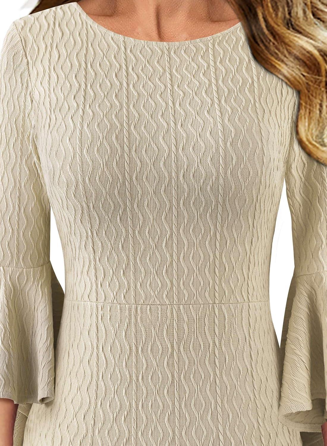 imageVFSHOW Womens Ruffle Bell Sleeves Business Casual Cocktail Party Wedding Guest Bodycon Pencil Sheath DressBeige Knit