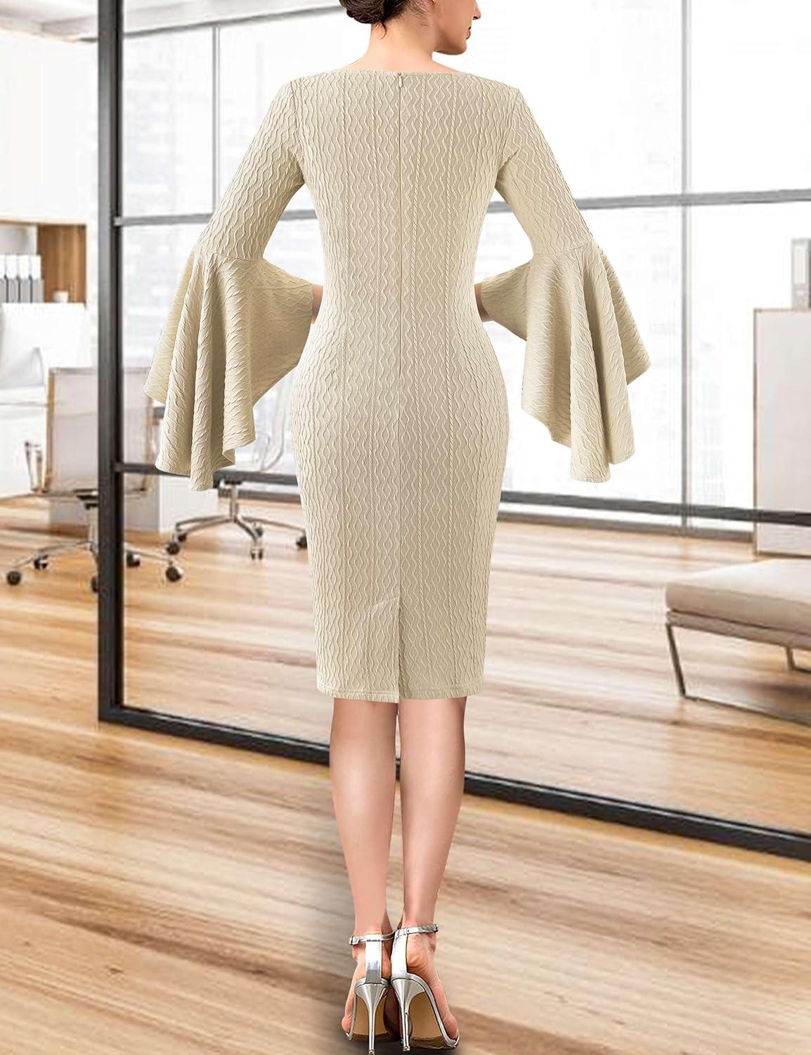 imageVFSHOW Womens Ruffle Bell Sleeves Business Casual Cocktail Party Wedding Guest Bodycon Pencil Sheath DressBeige Knit