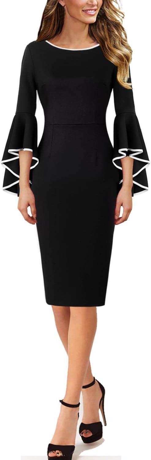 imageVFSHOW Womens Ruffle Bell Sleeves Business Casual Cocktail Party Wedding Guest Bodycon Pencil Sheath DressBlack With White Piping