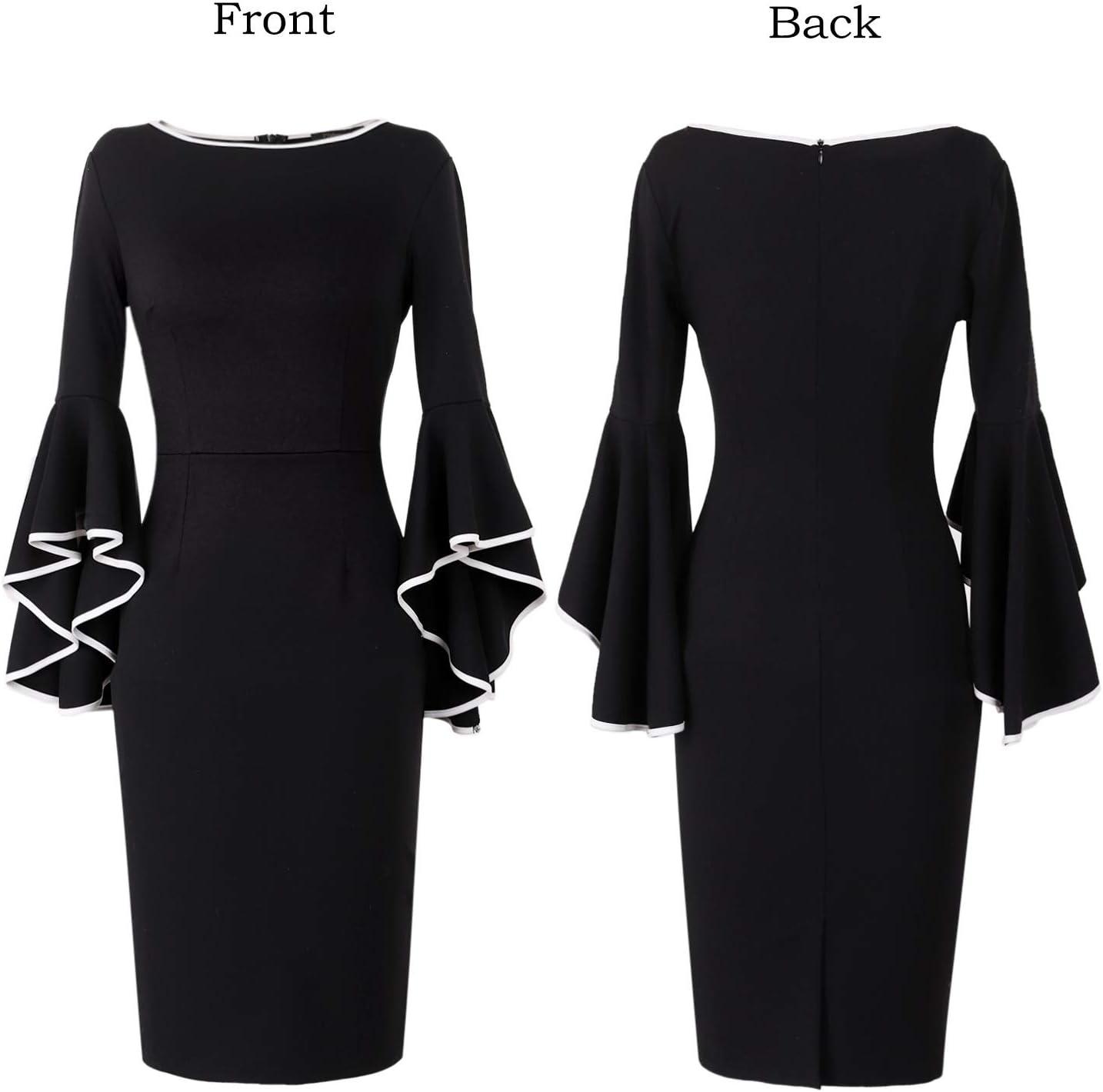 imageVFSHOW Womens Ruffle Bell Sleeves Business Casual Cocktail Party Wedding Guest Bodycon Pencil Sheath DressBlack With White Piping