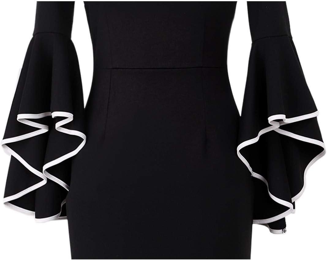 imageVFSHOW Womens Ruffle Bell Sleeves Business Casual Cocktail Party Wedding Guest Bodycon Pencil Sheath DressBlack With White Piping