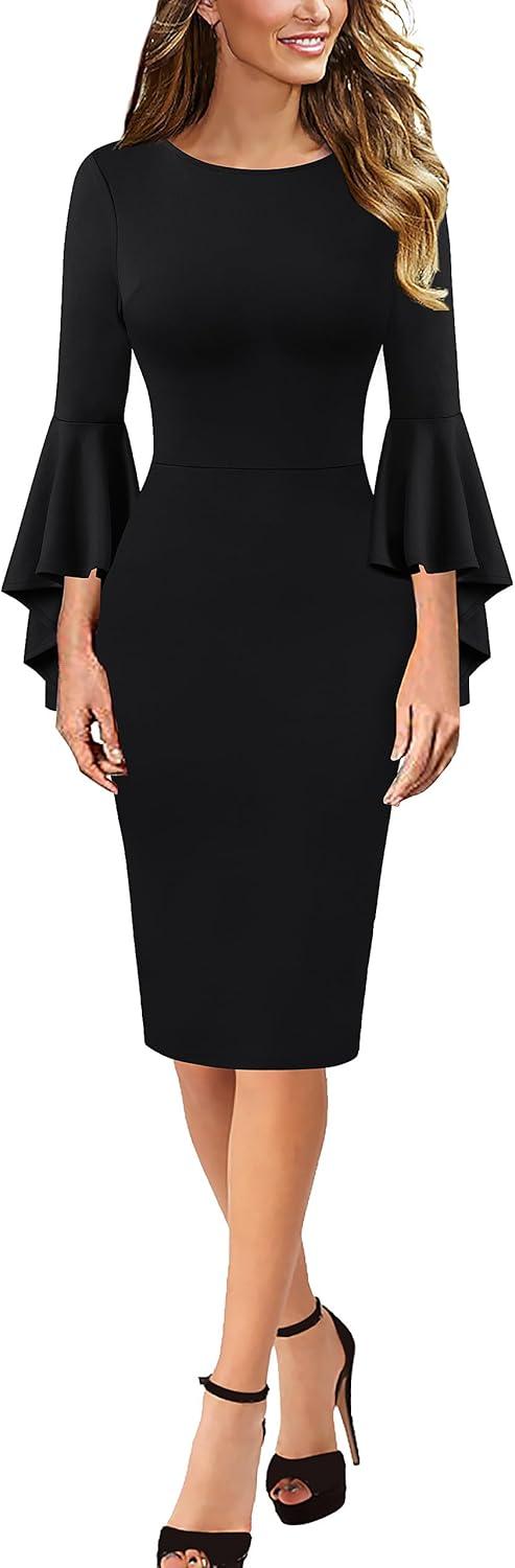 imageVFSHOW Womens Ruffle Bell Sleeves Business Casual Cocktail Party Wedding Guest Bodycon Pencil Sheath DressBlackcotton Blend