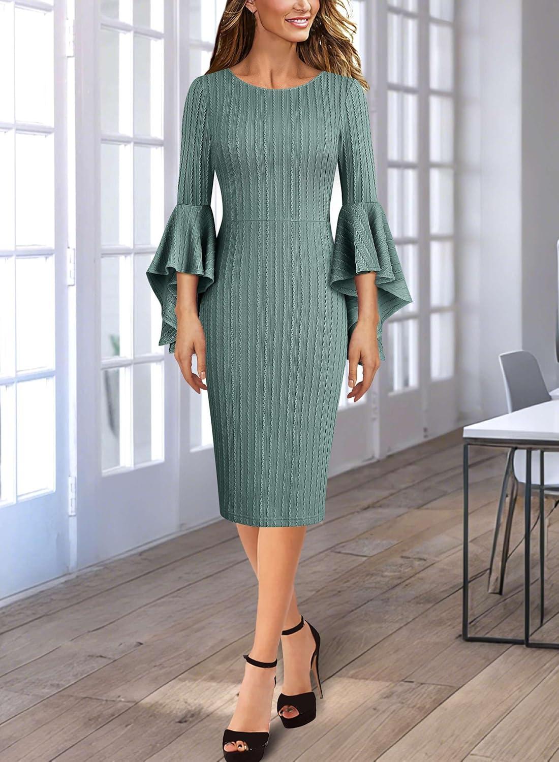 imageVFSHOW Womens Ruffle Bell Sleeves Business Casual Cocktail Party Wedding Guest Bodycon Pencil Sheath DressGreen Knit