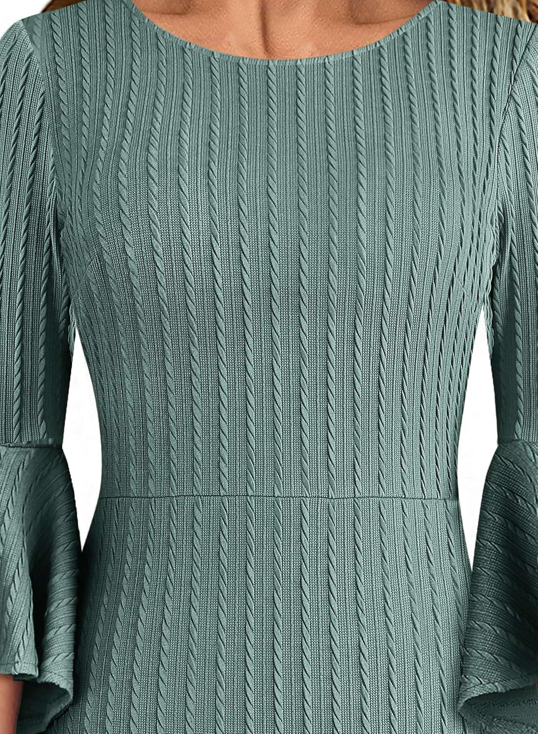 imageVFSHOW Womens Ruffle Bell Sleeves Business Casual Cocktail Party Wedding Guest Bodycon Pencil Sheath DressGreen Knit