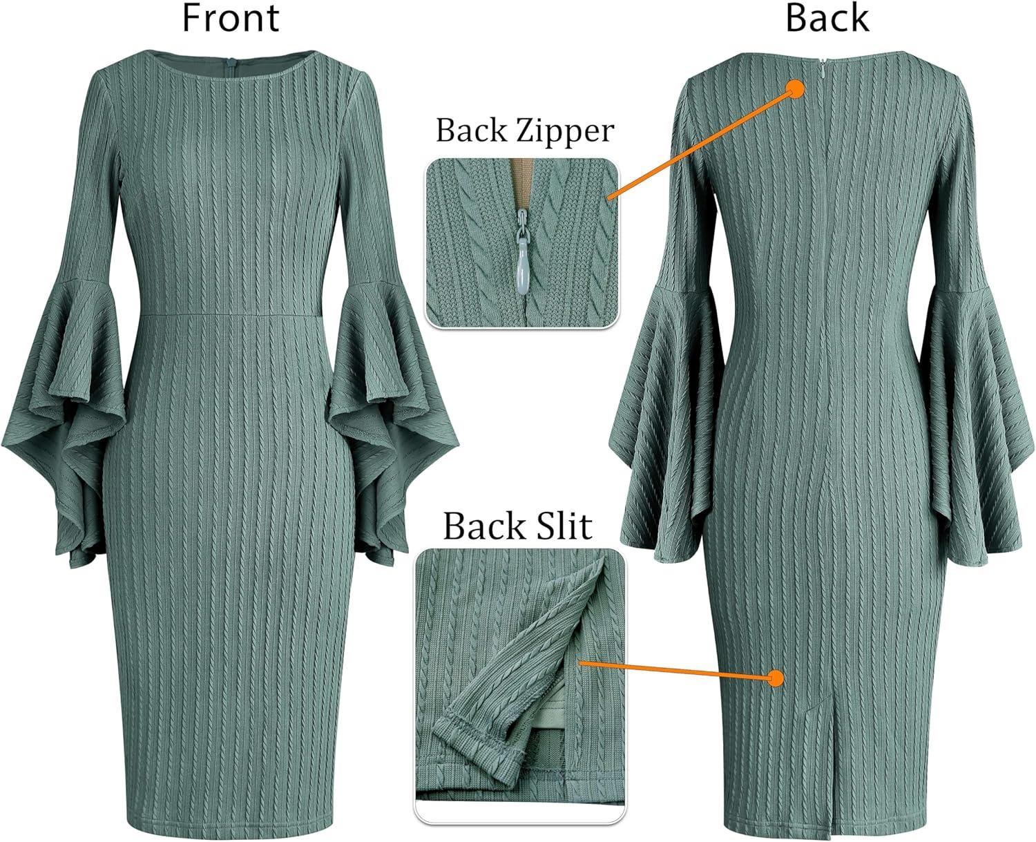 imageVFSHOW Womens Ruffle Bell Sleeves Business Casual Cocktail Party Wedding Guest Bodycon Pencil Sheath DressGreen Knit