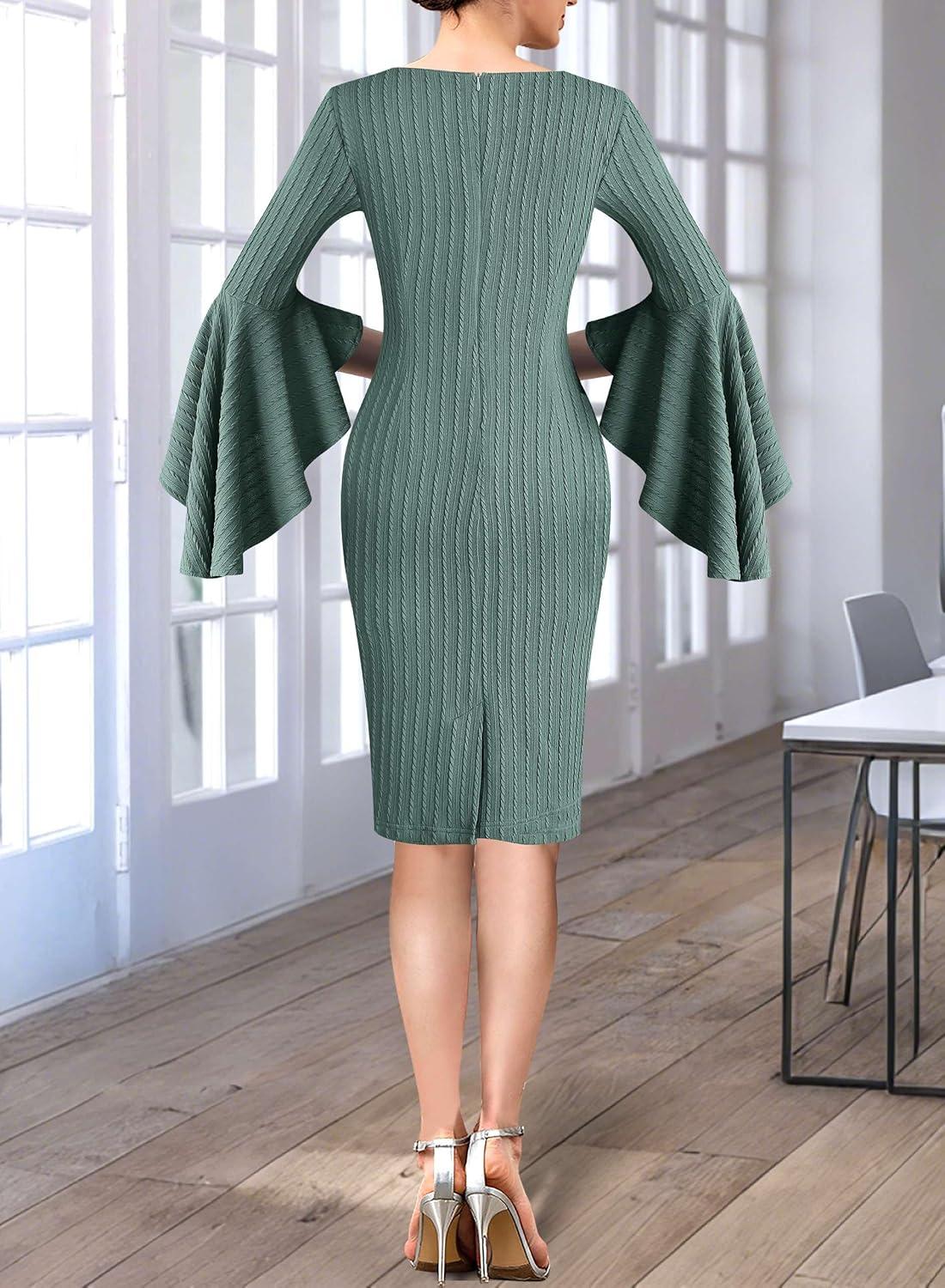 imageVFSHOW Womens Ruffle Bell Sleeves Business Casual Cocktail Party Wedding Guest Bodycon Pencil Sheath DressGreen Knit
