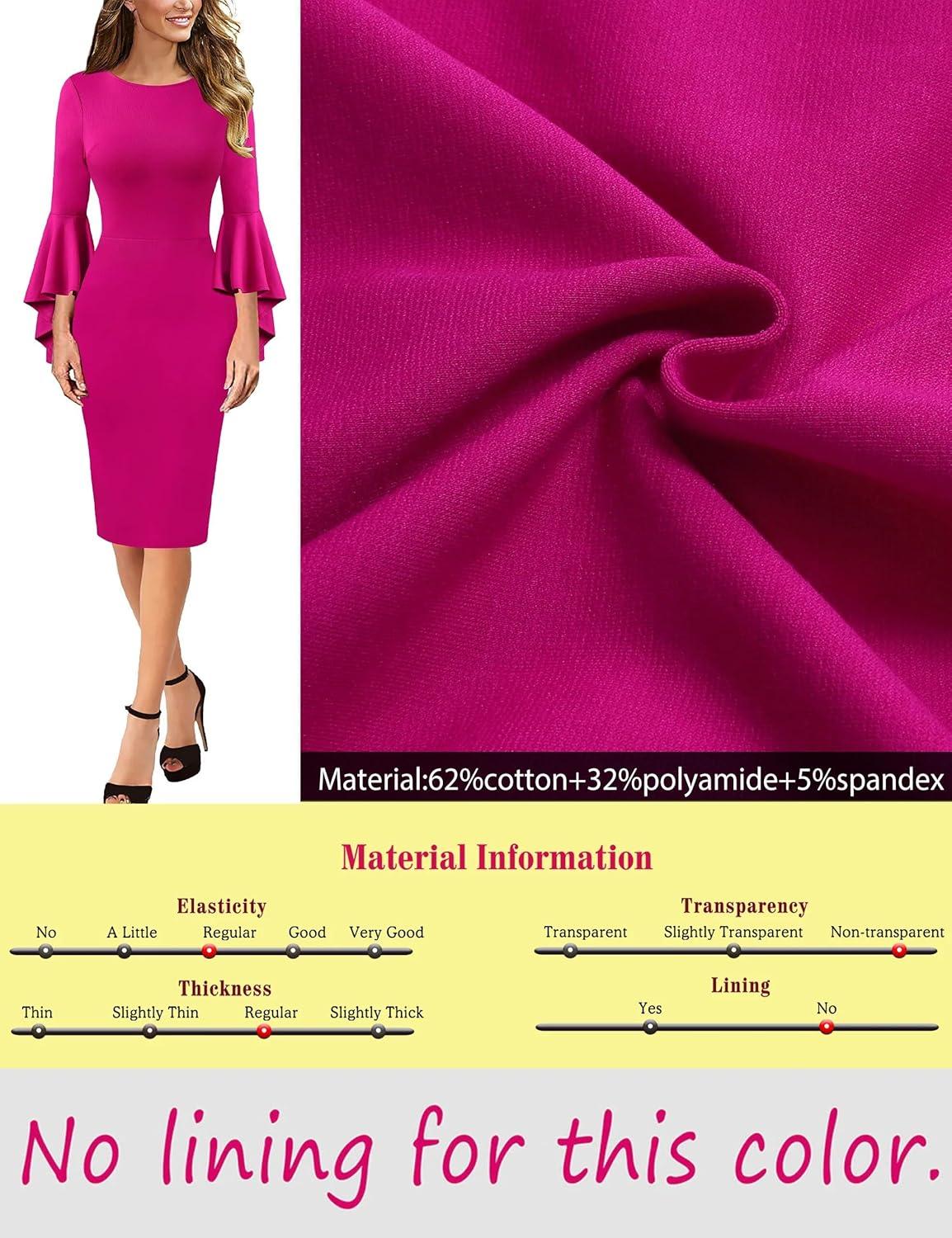 imageVFSHOW Womens Ruffle Bell Sleeves Business Casual Cocktail Party Wedding Guest Bodycon Pencil Sheath DressHot Pink
