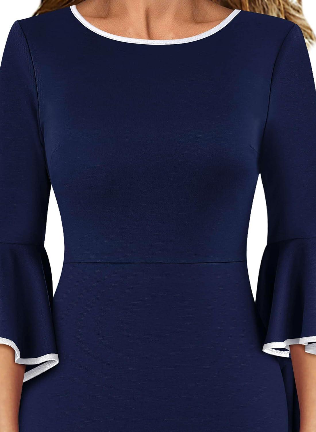 imageVFSHOW Womens Ruffle Bell Sleeves Business Casual Cocktail Party Wedding Guest Bodycon Pencil Sheath DressNavy Blue With White