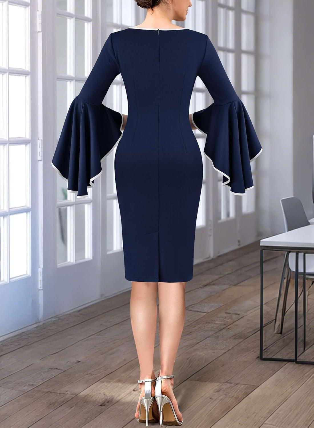 imageVFSHOW Womens Ruffle Bell Sleeves Business Casual Cocktail Party Wedding Guest Bodycon Pencil Sheath DressNavy Blue With White