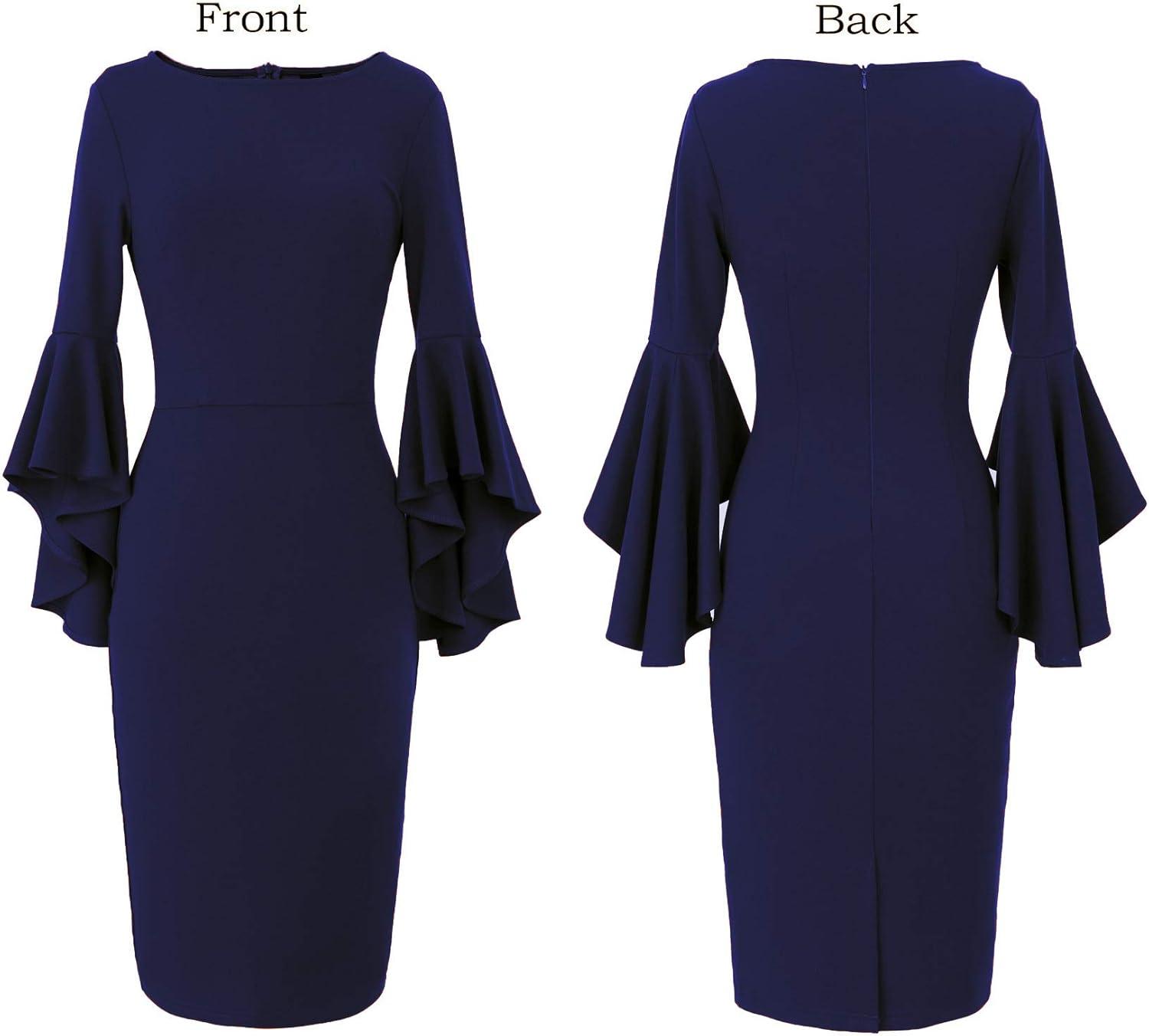 imageVFSHOW Womens Ruffle Bell Sleeves Business Casual Cocktail Party Wedding Guest Bodycon Pencil Sheath DressNavy Bluecotton Blend