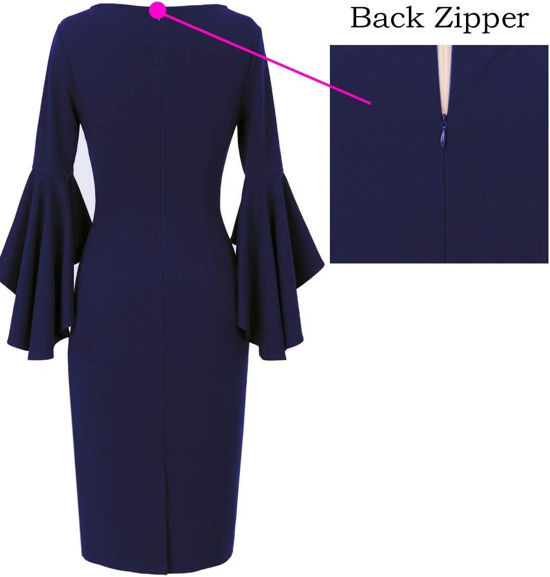 imageVFSHOW Womens Ruffle Bell Sleeves Business Casual Cocktail Party Wedding Guest Bodycon Pencil Sheath DressNavy Bluecotton Blend