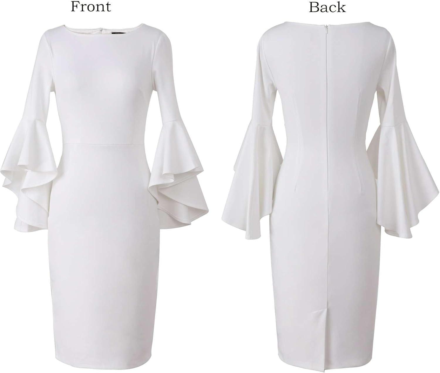 imageVFSHOW Womens Ruffle Bell Sleeves Business Casual Cocktail Party Wedding Guest Bodycon Pencil Sheath DressOff Whitewith Lining