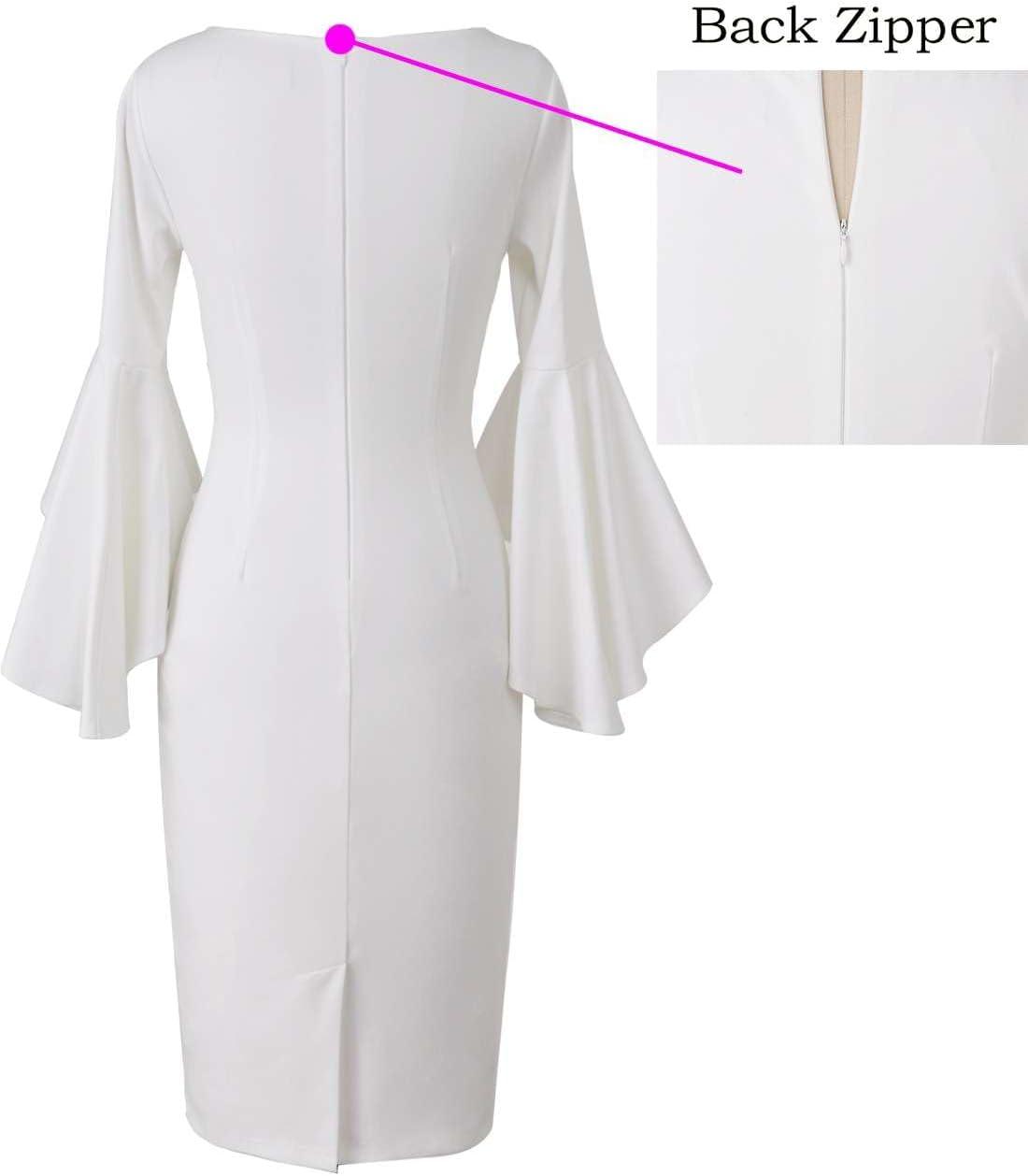 imageVFSHOW Womens Ruffle Bell Sleeves Business Casual Cocktail Party Wedding Guest Bodycon Pencil Sheath DressOff Whitewith Lining