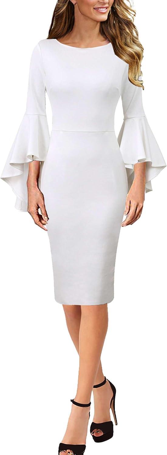 imageVFSHOW Womens Ruffle Bell Sleeves Business Casual Cocktail Party Wedding Guest Bodycon Pencil Sheath DressOff Whitewith Lining