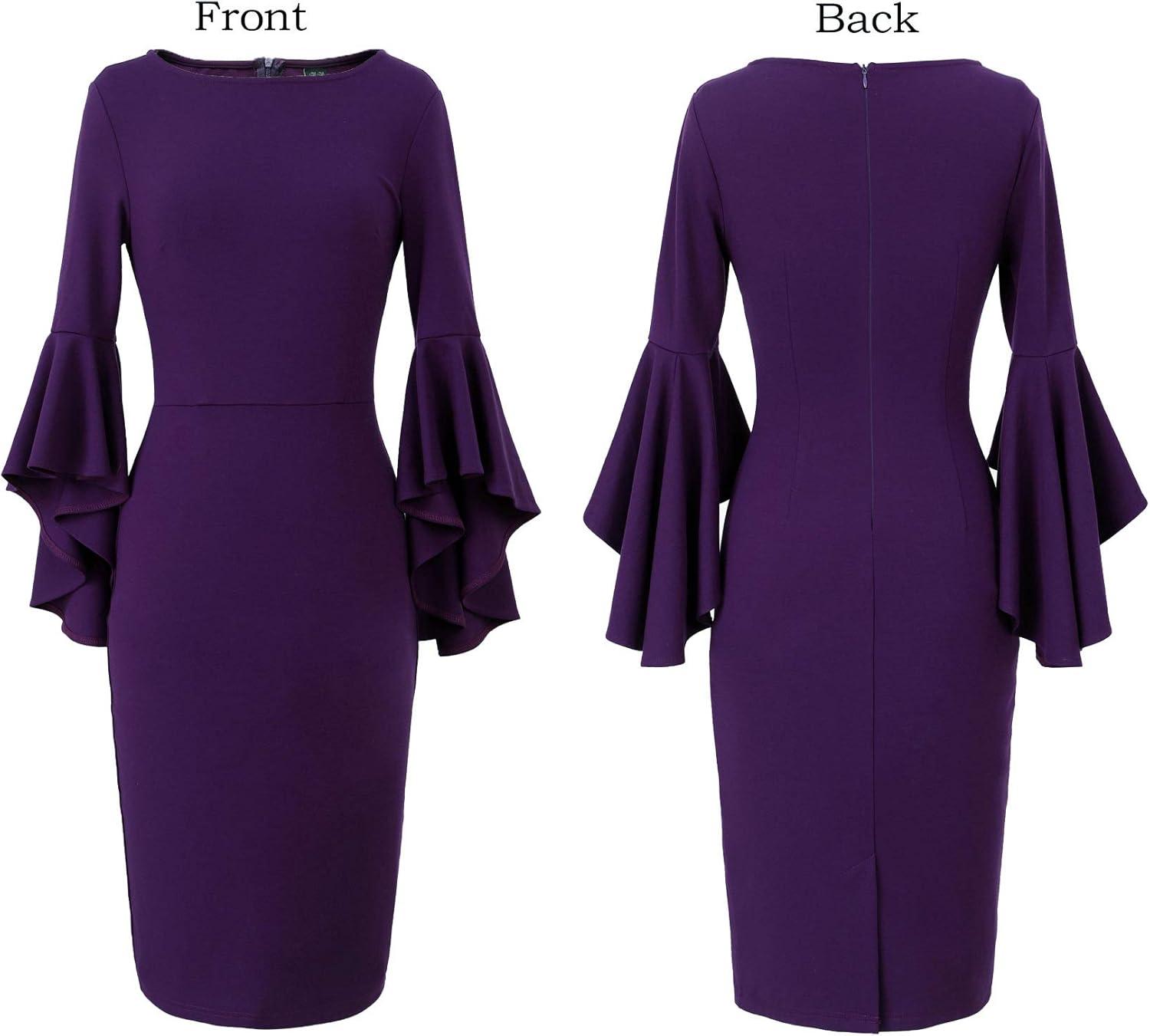 imageVFSHOW Womens Ruffle Bell Sleeves Business Casual Cocktail Party Wedding Guest Bodycon Pencil Sheath DressPurplecotton Blend