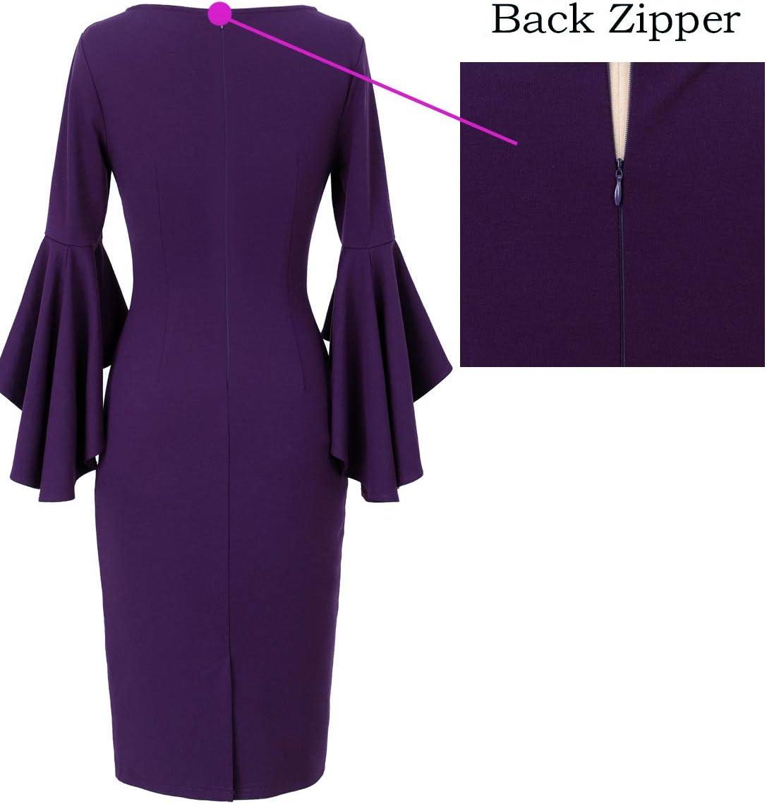 imageVFSHOW Womens Ruffle Bell Sleeves Business Casual Cocktail Party Wedding Guest Bodycon Pencil Sheath DressPurplecotton Blend