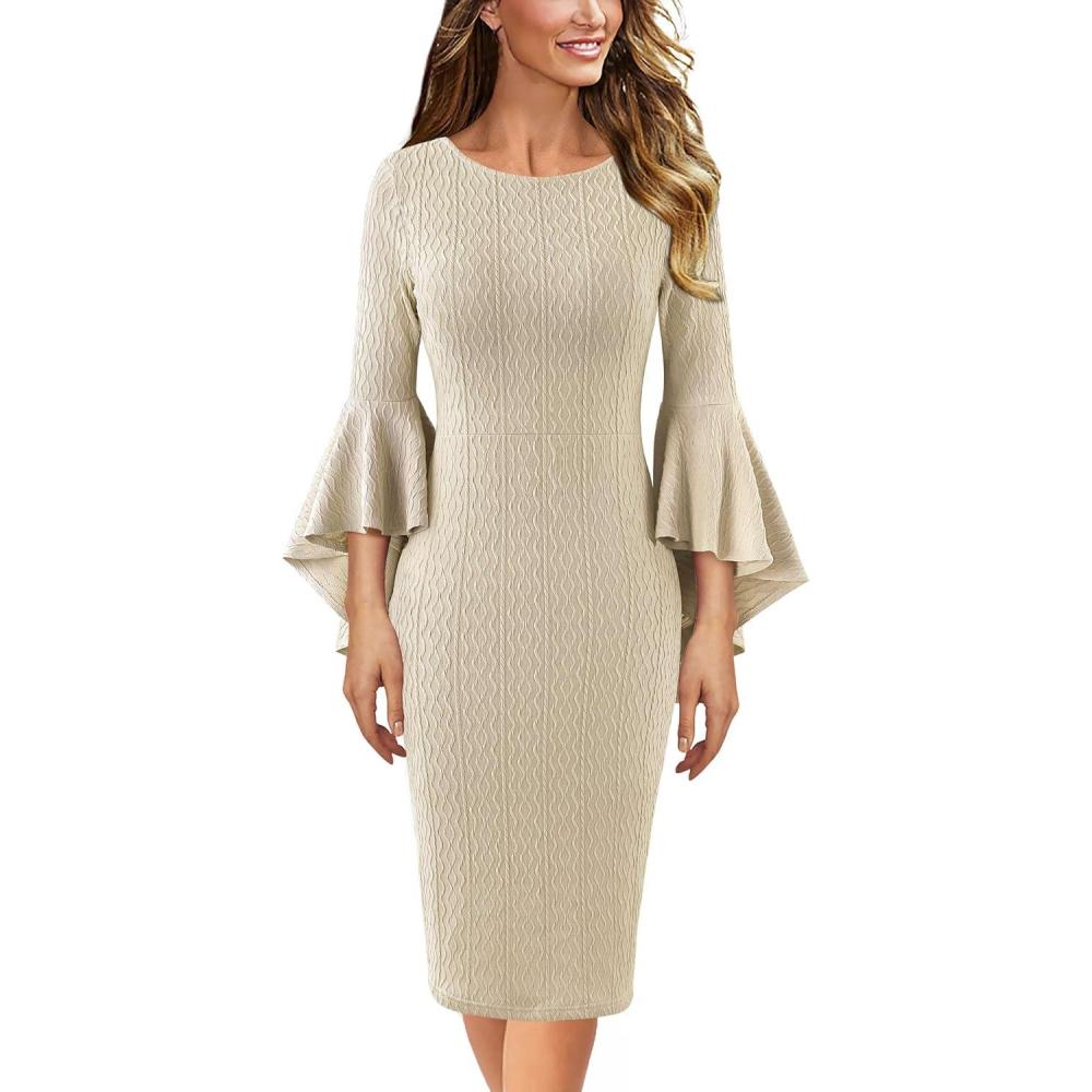 imageVFSHOW Womens Ruffle Bell Sleeves Business Casual Cocktail Party Wedding Guest Bodycon Pencil Sheath DressBeige Knit